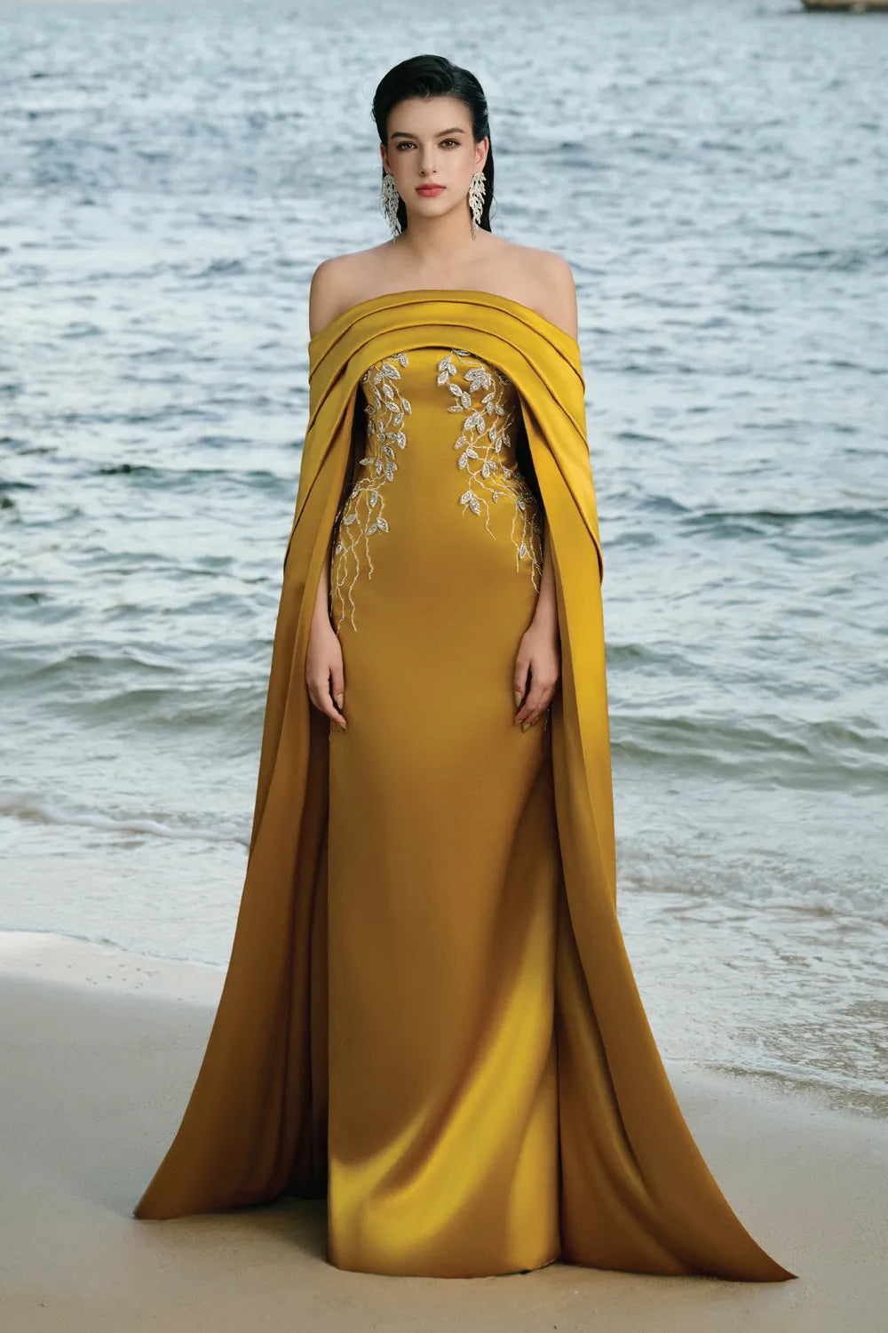 Curved Draped Off Shoulder With Long Sleeve Cape Dress